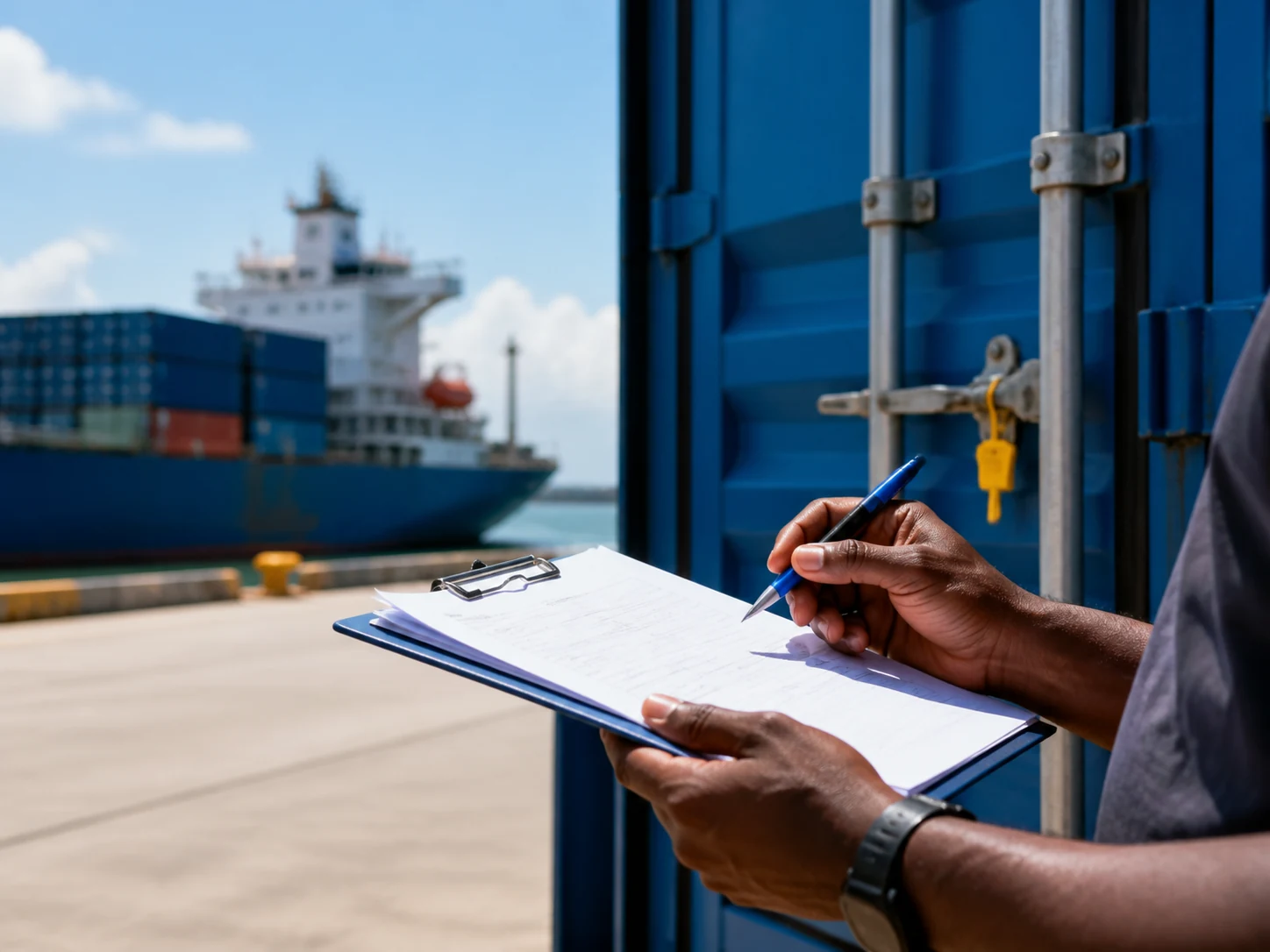 Customs documentation and cargo inspection at a Pacific port